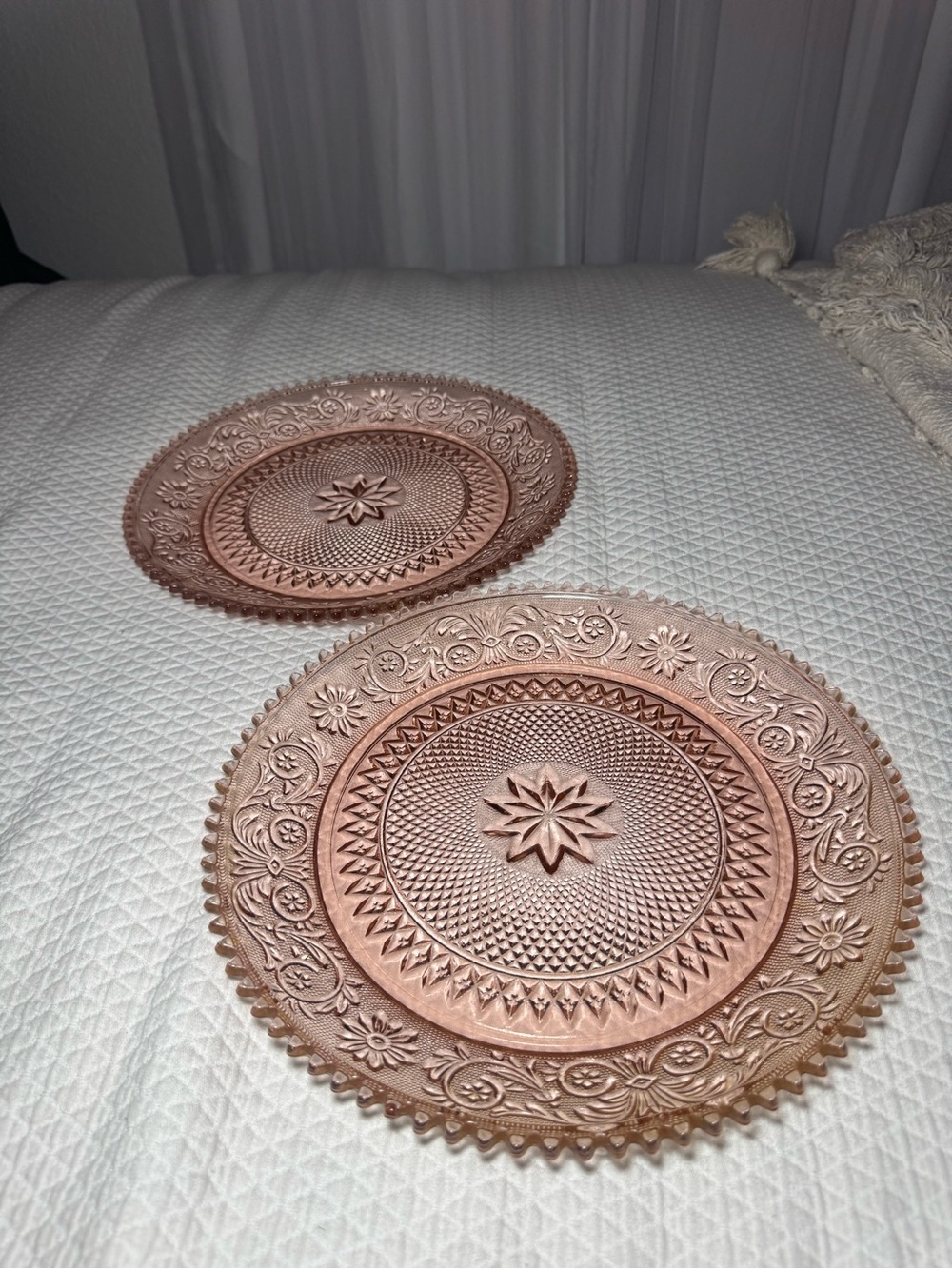 Vintage Tiara Indiana Glass Pink Peach Sandwich 12” Plates Set of 2